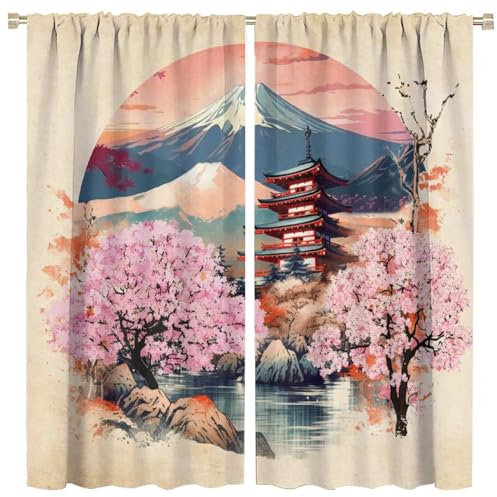 COALHO Lot de 2 panneaux de rideaux vintage japonais japonais avec passe-tringle, paysage naturel, fleurs de cerisier, isolation thermique, 160 cm de long x 80 cm de large