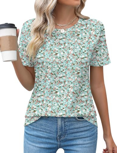 Rapbin Short Sleeve Blouses for Women Round Neck Pleated Shirts Summer Holiday Tops,Green Floral,M