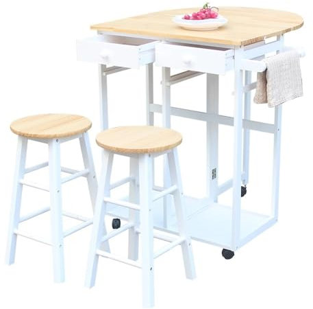 LINKIO Islas para Cocinas con Almacenaje Carro de Comedor Plegable semicírculo de Madera Maciza con 2 taburetes,Carro de Cocina Blanco,Organizador de Cocina Comedor Isla De Almacenamiento De Cocina