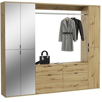 xonox.home Systemmöbel Projekt X 3tlg. Kombination Garderobe Ankleidezimmer Schranklösung Büro Ordnungssystem in Front Artisan Eiche Nb./Spiegel Korpus Artisan Eiche Nb., ca.212x193x34cm