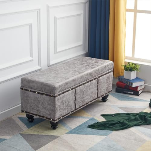 Shally Dogan Baúl contenedor de Interior con Asiento Acolchado, Revestimiento de Piel sintética de Nobuk, puf reposapiés para Dormitorio, salón, Banco Taburete 80 x 40 x 43 cm (Gris)