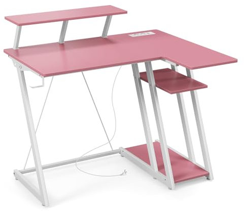 COSTWAY Scrivania Angolare Salvaspazio, Scrivania da Gaming con Prese, Porte USB, Ripiano per Monitor, Gancio per Cuffie, Ripiano e Supporto per CPU, Scrivania ad Angolo per Casa e Ufficio (Rosa)