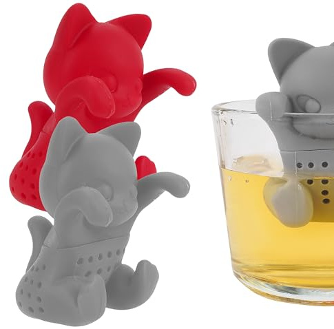 TOCCOOL 2Pcs Cute Cat Silicone Tea Infuser - Novelty Loose Leaf Strainer with Paw Design, Heat-Resistant & Dishwasher Safe for Tea Lovers, Home Office Use (Red/Grey)