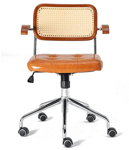 Rattan-Computerstuhl, Retro-Drehstuhl, ergonomischer gepolsterter Sessel mit leisen PU-Rädern, Schreibtischstuhl mit mittlerer Rückenlehne, Schreibtischstuhl für Zuhause, Arbeit, Wohnzimmer (56 x 56 x