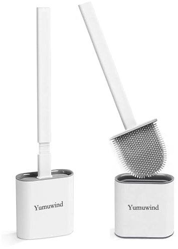 Yumuwind Silicone Toilet Brushes & Holders, 2 Pack Silicone Toilet Brush with No-Slip Long Plastic Handle, Quick Drying Loo Brush and Holder and Base for Anti-drip, White