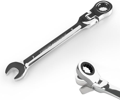 Egofine Clé à cliquet à tête flexible de 7 mm, clé mixte à cliquet métrique, clé à engrenage de qualité industrielle avec extrémité boîte à 12 points, cliquet à 72 dents, acier au chrome vanadium