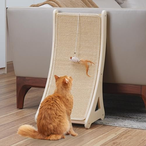 PETKARAY Rascador en Forma de L con Almohadilla de Sisal, para Gatos de Interior, Montado en el Suelo con Juguete de Ratón y Hierba Gatera