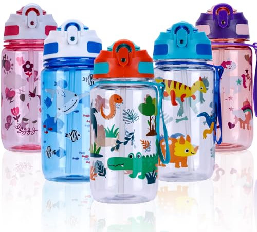 SUPPRUI Trinkflasche Kinder, 600ml Kindertrinkflasche mit Strohhalm, BPA-freie Kinder-Wasserflaschen, Sportwasserflasche mit Auslaufsicherem Flip-Top-Deckel für Mädchen und Jungen (Orange-zoo)