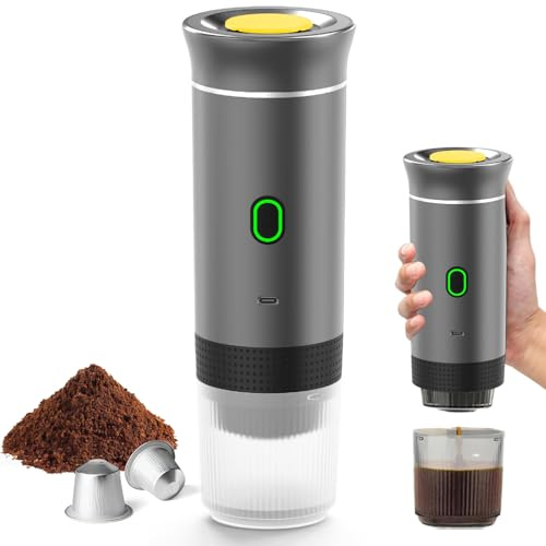 Kouamor Tragbare Espressomaschine, Tragbare Kaffeemaschine, 3 in 1 Elektrische Kaffeemaschine, Große Kapsel, Kleine Kapsel, Kaffeepulver, für Camping, Wohnmobil, Büro, Zuhause, Auto (grau)