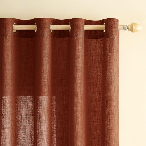EMEMA Leinenvorhang Gardinen Vorhänge mit Ösen Ziegelrot 2er H160xB140cm | 2er Set Leinenvorhang mit Ösen Halbtransparent für Wohnzimmer Dekoschal Kinderzimmer Schlaufenschal Küchengardinen 140x160cm