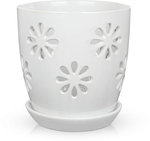Oairse 6 inch Orchid Pots with Holes, White Ceramic Orchid Pot for Repotting Small Indoor Plant Pots with Drainage Holes and Saucers Decorative Flower Planter for Orchids, Indoor Plant