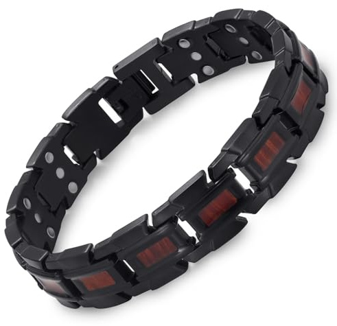 RainSo Herren Magnetarmband,Scorpion Zange Dreireihiges magnetisches Armband aus Holz und Edelstahl,Wird mit einem Werkzeug zum Entfernen von Gliedern und einer Schmuckgeschenkbox (schwarz und rot)