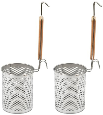 2pcs Pasta Strainer, Stainless Steel Mesh Spider Strainer Micro-Perforated Pasta Basket Set with Wooden Handle Perfect for Pasta, Noodles, Dumplings (12cm 2pcs)