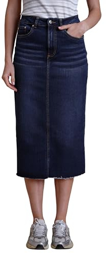 Enorsia Womens Denim Midi Skirt Stretch Pencil Skirt with Embroidered Pocket Navy Midi Length 83cm Regular Fit Front Zip Button Fastening Back Slit Casual Office Wear Ladies Denim Skirt