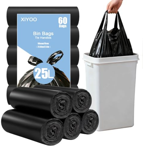 XIYOO Tie Handle Pedal Bin Liners 25L Black Bin Bags 60 Counts Strong Plastic Rubbish Bags Small Swing Waste Bags fit 20-30L Trash Can