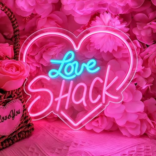 Love Shack Neon Schild, LED Rosa Herz Neon Sign Leuchtreklame für Wand Deko, Dimmbare Love Neonlichter USB Power für Schlafzimmer Wohnzimmer Bar Pub Club Männ Höhle Home Hochzeit Party