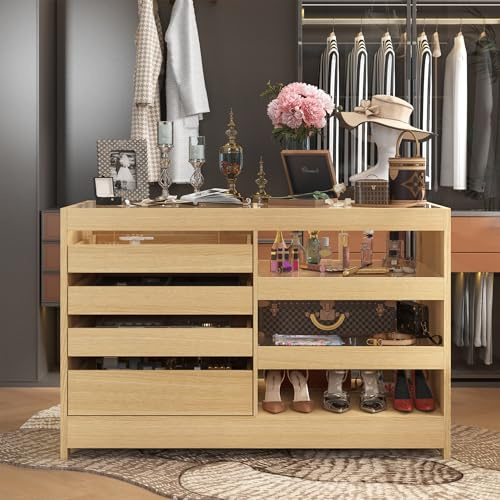 Caldion Schlafzimmer-Insel-Kleiderschrank, Insel mit 4 Schubladen und Glastischplatte, Inselkommode mit Offene Regale, Schrankinsel 140x70x90cm für Schlafzimmer, Garderobe