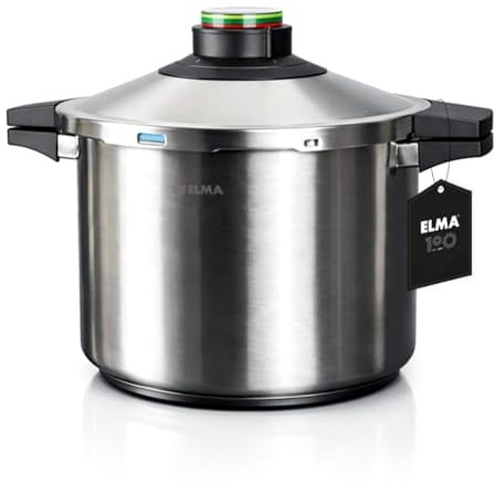 ELMA Olla a Presión Prêst de 8 Litros, Ø24 cm | Acero Inoxidable 18/10, Fondo Encapsulado Apto Inducción, 2 Modos de Cocción, Triple Sistema de Seguridad, Tapa de Cristal Incluida