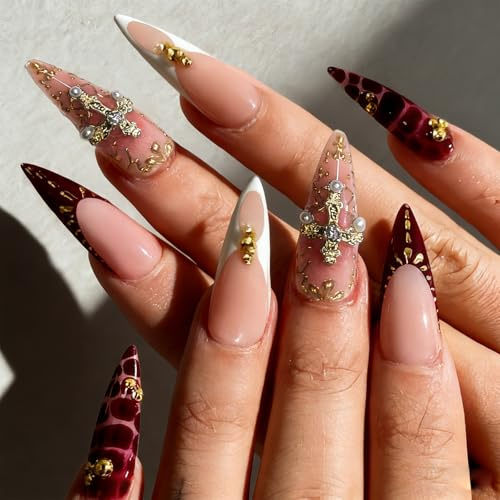 Bubaxuce Ongles Collants Faux Ongles Longs Français Rouge Ongles Artificiels Avec Motifs Strass Charm Doré 24