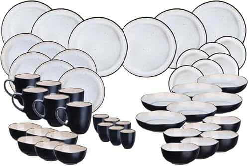 IRIS Geschirrset Elfenbeinweiß SR-COIRW26 BJORN 48-teilig, Steinzeug mit reaktiver Glasur, Komplettservice für 6 Personen, Spülmaschinen- und Mikrowellenfest