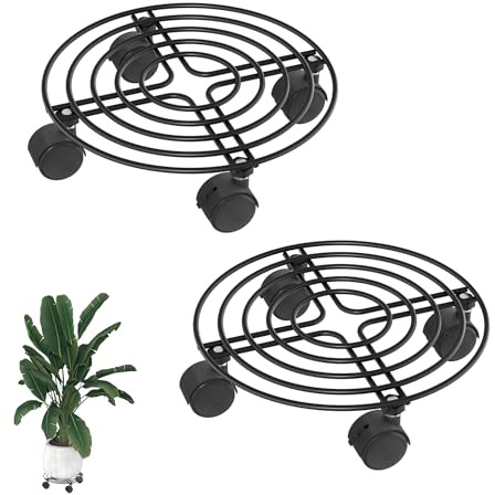 TATIVALO Pflanzenroller Metall Rund 30cm 2er Set Schwarz | Robuster Rolluntersetzer mit 4 Lenkrollen für schwere Blumentöpfe, ideal für Innenbereich, Balkon, Terrasse und Garten