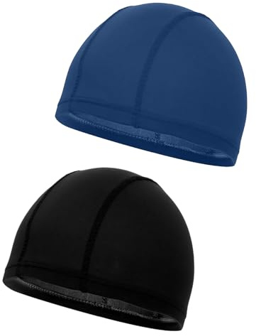 HAPZUR Cuffie da Nuoto e Piscina Uomo, Set 2 Pezzi (Blu e Nero), Impermeabili in Tessuto Elastico per Protezione Capelli Ottimale Adulti.
