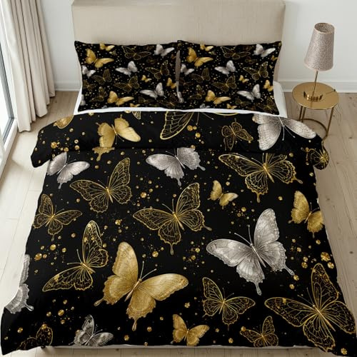 Meugesoi Schmetterling Bettdecke Ohne Bezug 200x200 cm mit 2 Kissenbezügen 80x80 cm – Schwarz Gold Butterfly Waschbares Bettdecken Set Weiche 4 Jahreszeiten Steppdecke mit Reißverschluss