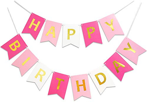 Roseo Pink Happy Birthday Banner Signs Golden Sparkle Funny Birthday Party Supplies for Girls Birthday Party Birthday Decorations Nursery Hanging Decorations 13 Pieces