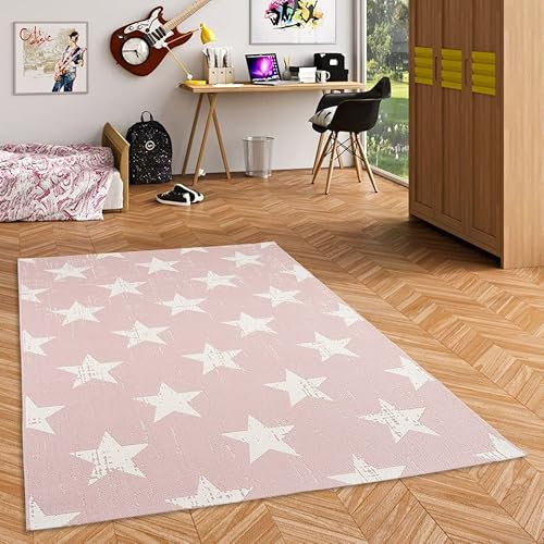 Pergamon Carpetto - Tapis Plat tissé intérieur/extérieur - Rose Étoiles - 5 Tailles