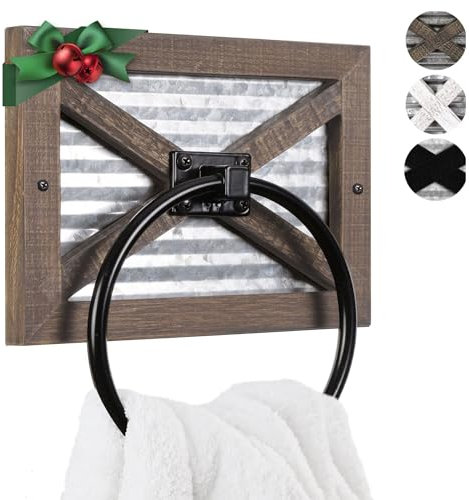 Autumn Alley Anneau Porte-Serviettes Rustique pour Salle de Bain – Support Mural Rustique, mélange de Bois, métal galvanisé et Anneau Noir