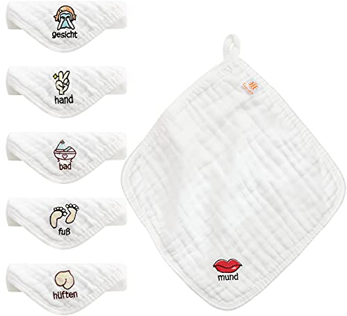 Koo-dib Débarbouillettes Bébé en Mousseline, 6 Couches 100% Coton Bio Ultra Absorbante Lingette Lavable, Réutilisable Doux Serviette Visage pour Peau Sensible Nouveau-Né, 30*30 CM (Allemand Lot de 6)