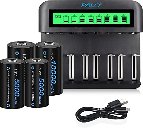 CITYORK AA AAA C D LCD Charger Including 2 x 5000mAh NiMH Batteries C + 2 x 10000mAh NiMH Batteries D - High Performance Battery and Charging Set