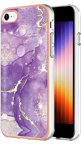 Dfjhure for iPhone SE 2022 /iPhone SE 2020 / iPhone 8/7 Case- Marble Case Protective Rubber Thin Bumper Pattern Glitter Plating Silicone Soft TPU Slim Shockproof Phone Cover - Purple