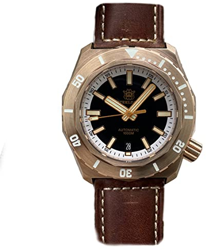 Steeldive SD1947S 41,5 mm massive Bronze Vintage Taucheruhren Herren mechanische Uhr 1000 m leuchtendes Lederband Taucherarmbanduhren Lederarmband Taucher mechanisch