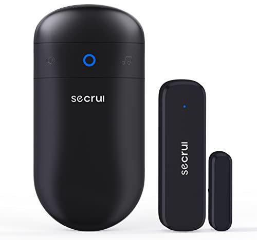 SECRUI Wireless Door Open Sensor Alarm Chime, 400ft Operating Range 52 Chimes Volume with Mute Mode Led Indicators 1 Plug-in Receiver 1 Magnetic Door Alarm Sensor for Home Store Office Security Black