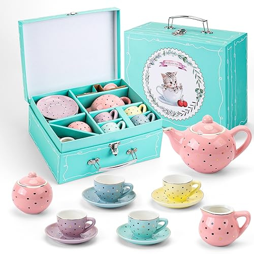 CHENP.HMC Tea Party Set for Little Girls, 13 Piece Sets Kids Tin Tea Party with Cups, Saucers, Plates & Serving Trays, Girls Birthday Gift (Polychrome)