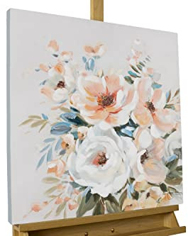 KunstLoft Leinwandbild | 100% HANDGEMALT | 60x60cm | Gemälde 'Flower Greetings' | Blüten | Grau Pastell | Wandbild Wohnzimmer