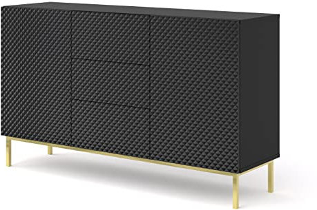 BIM Furniture Kommode Ravenna C 2D3S 150 cm gefräst MDF, Sideboard Highboard Schrank, 3 Türen, 3 Schubladen (Schwarz) Hochglanz
