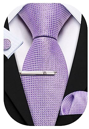 Barry.Wang Krawatten-Set für Herren, einfarbig, Seide, 8,4 cm, Krawatte, Einstecktuch, Manschettenknöpfe, Clip-Set, Business, Hochzeit, Party, Krawatte für Herren, lavendel, Einheitsgröße