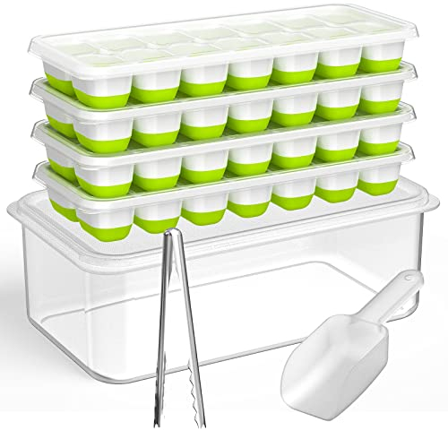 DOQAUS Ice Cube Tray with Lid and Bin, Silicone Ice Cube Trays for Freezer with Ice Box, 4 Pack Ice Trays with Ice Container for Cocktails, Stackable Ice Maker with Storage Ice Bin, Ice Tong & Scoop