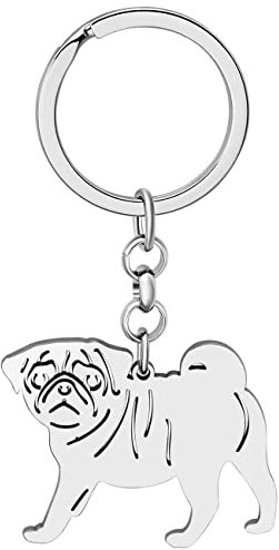 BAMAY Porte Clé Chien Carlin en Acier Inoxydable Chihuahua Labrador Corgi Puppy Porte-clés Charms Pets Cadeaux pour Femmes Filles (Pug Argenté)