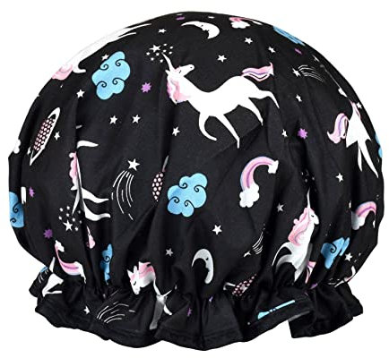 1 Pack Shower Cap for Women, Oil-proof Caps, Double Layers Waterproof Reusable Bath Caps With Ruffled Edge Covering for Girls, Women, Ladies, Kids (Black Unicorn)