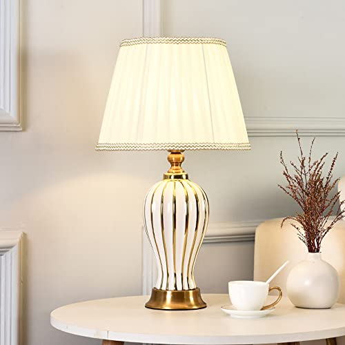 Mengjay Klassische Vintage Art Keramik Tischlampe, Vase-Like-Tuch Lesebuch-Licht Schreibtischlampe Porzellan-Antike Blumen verzierte Nacht Birne Beistelltisch Dresser,für Schlafzimmer/Wohnzimmer