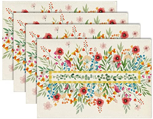 Tarklanda Blumen Platzsets 4er Set Floral Tischsets Frühling Waschbar Platzsets Sommer saisonaler Dekoration Platzdeckchen Urlaub Dekor für Küche Esstisch Party 30 x 45cm