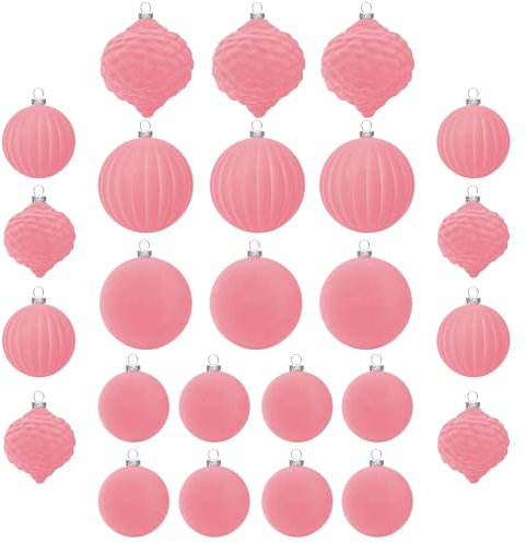 KI Store Rose Pink Velvet Christmas Baubles 25pcs Shatterproof Flocked Christmas Tree Ornaments 80mm 60mm Assorted for Xmas Tree Decorations