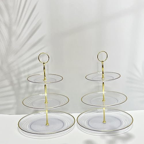 RAUVOLFIA Cupcake-Ständer mit 3 Etagen, klein, Etagere, transparenter Kunststoff-Dessertständer, Hochzeiten, Partys, Gebäck-Serviertablett (2 Stück, transparenter Teller mit Goldrand)