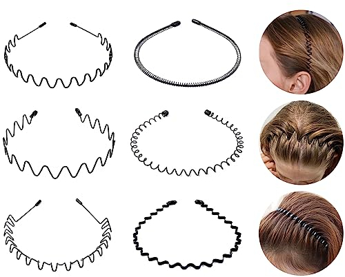 Qufiiry 6 Stück Metall Haarband, Haarreifen für Männer und Frauen, Unisex Schwarz Frühling Stirnband, Welle Metall Haarband für Outdoor Sports Yoga