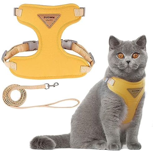 Katzengeschirr, Verstellbares Katzengeschirr Ausbruchsicher,Katzengeschirr mit Leine Ausbruchsicher, Premium Welpengeschirr mit Weich, für Kleine Tiere Verstellbar Brustgeschirr, Gelb, M