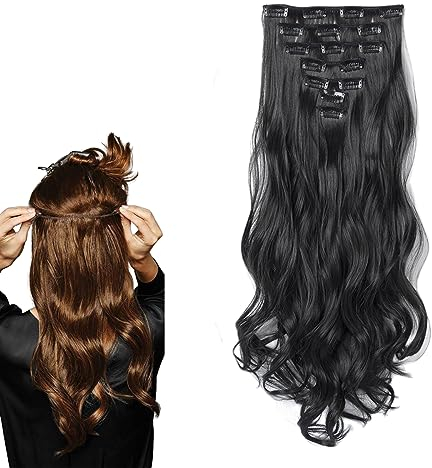prinfantasy Clip in Extensions Wavy Haarverlängerung Schwarz Clips Haarteil Extensions Weiches Synthetisches Haarteil für Frauen Haarverlängerung Dicke Haarteile, MW079