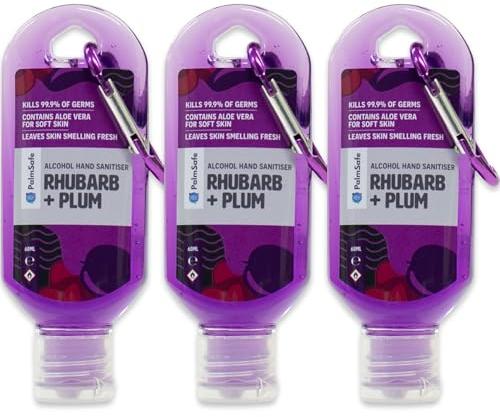 Palm Safe Rhubarb and Plum 3 Pack 60ml Anti Bacterial Premium Hand Sanitiser Travel Size Refillable Clip Bottle Quick Drying Non Sticky Extra Moisturising Kills 99.9% of Viruses and Bacteria